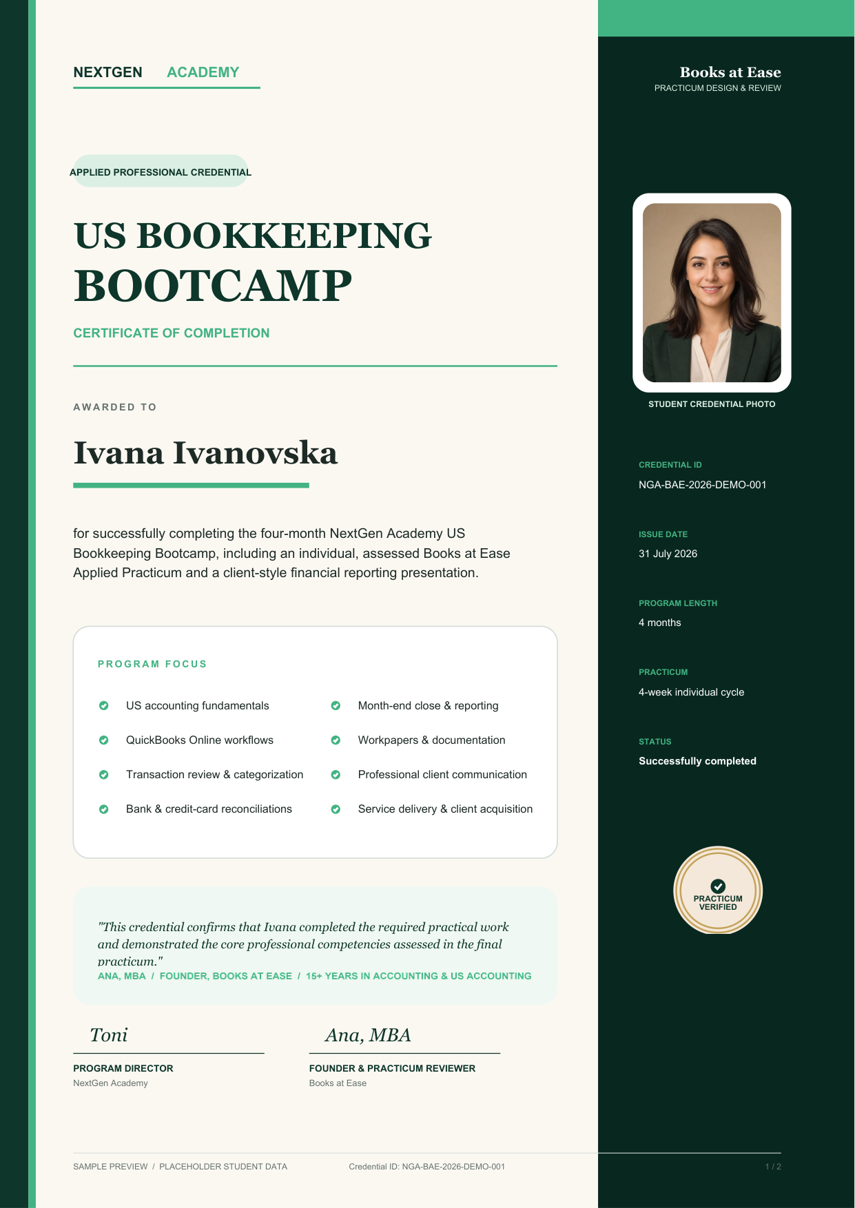 Page one of the NextGen Academy Bootcamp credential: certificate of completion showing the graduate name, program focus areas, credential ID and the signatures of Toni and Ana.