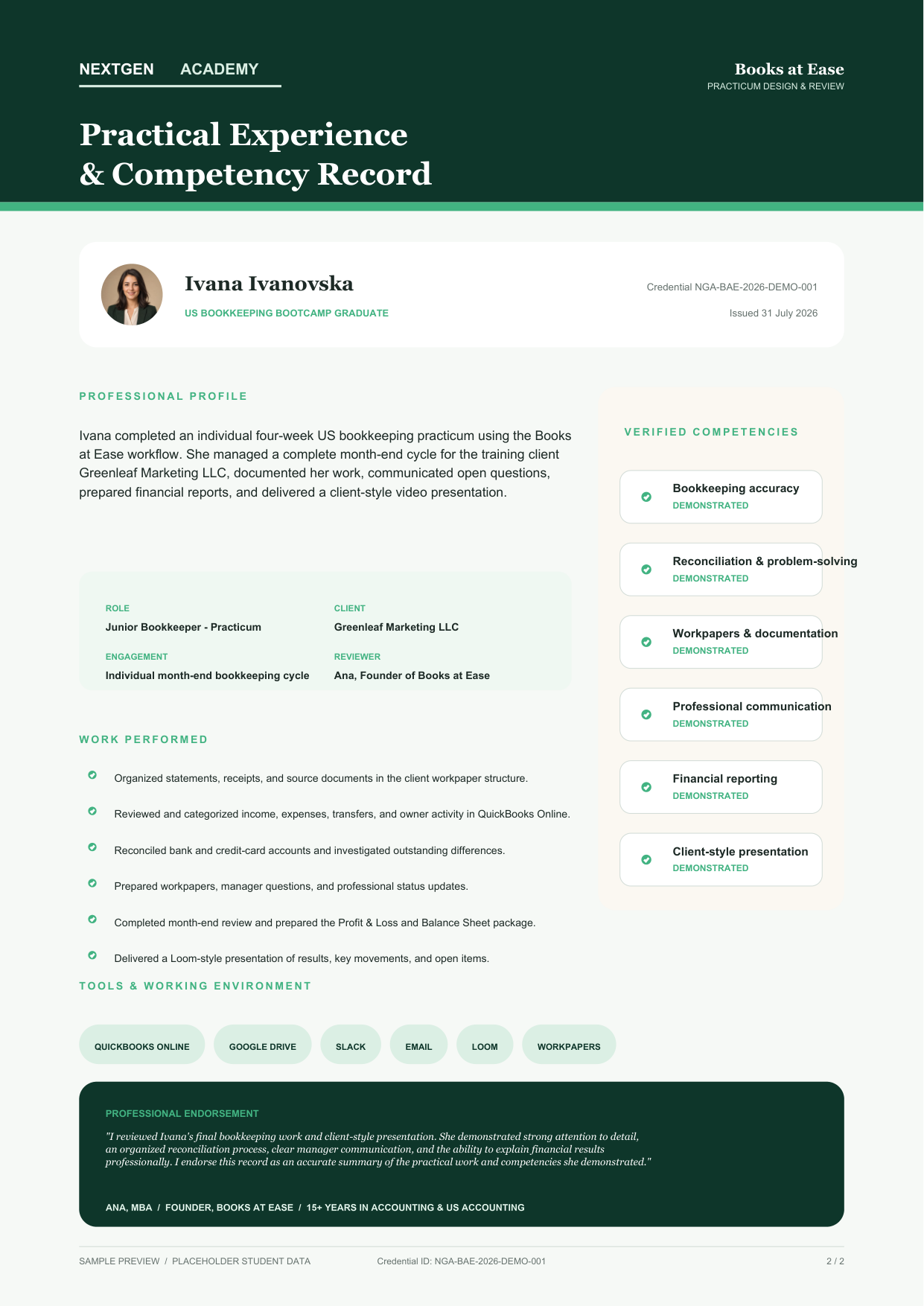 Page two of the NextGen Academy Bootcamp credential: practical experience and competency record listing the role, engagement, work performed, tools used, six demonstrated competencies and a written endorsement.